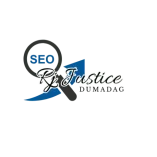 Logo design featuring a magnifying glass with the word SEO inside, combined with the name Rj Justice Dumadag and an upward arrow symbol.