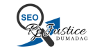 Logo design featuring a magnifying glass with the word SEO inside, combined with the name Rj Justice Dumadag and an upward arrow symbol.